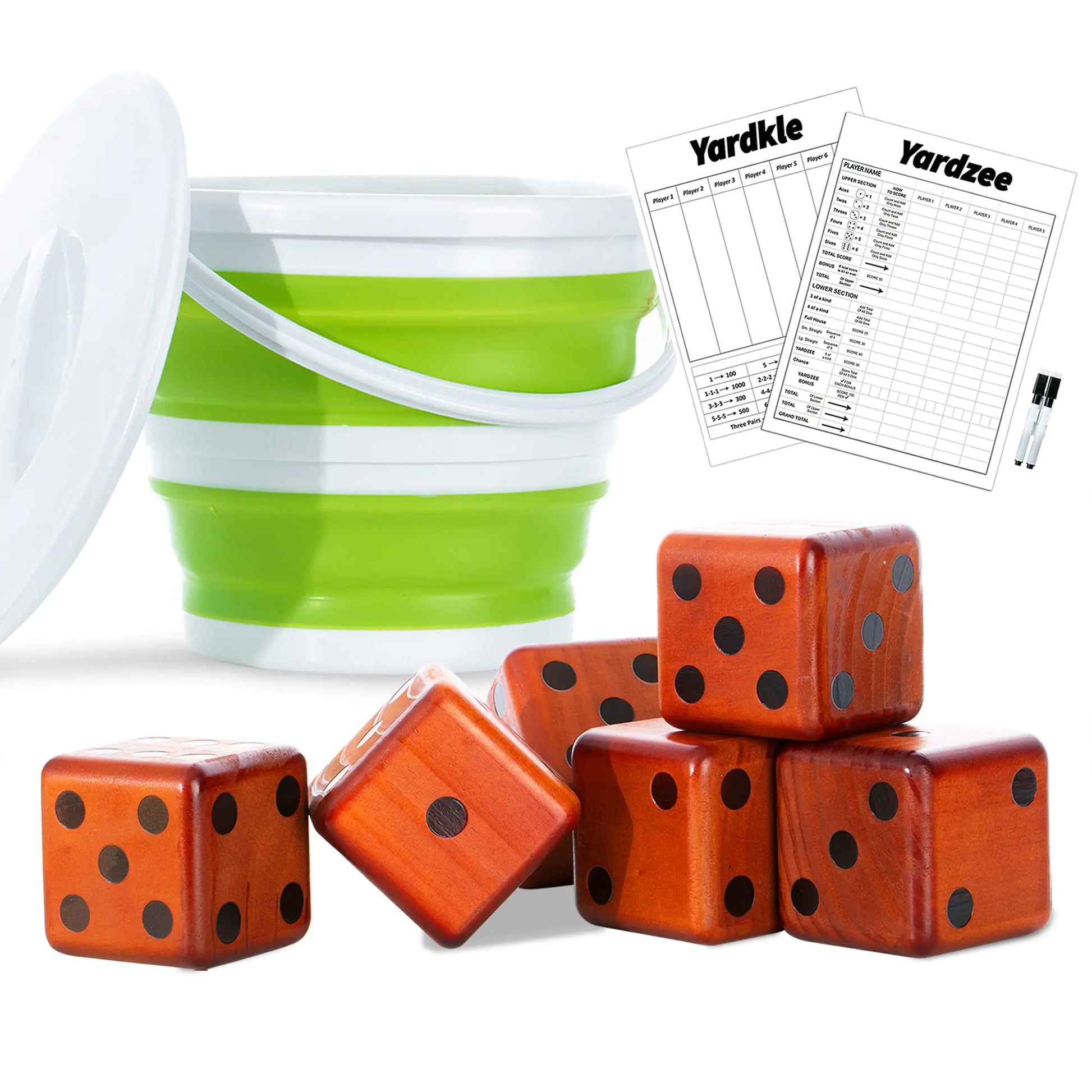 Giant Wooden Yard Dice Outdoor Games Set of 6 with Two Games and Bucket