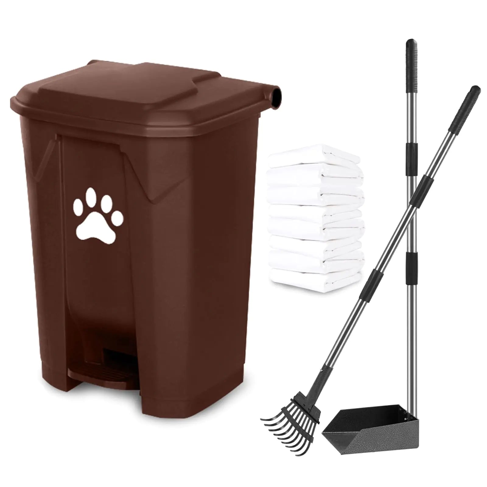 Dog Poop Trash Can for Outdoors Dog Waste Station with Lid Hands-Free Pedal Durable PVC Container Garden Home Yard Kitchen with Dog Poop Tray and Rake 200PCS Trash Bags Brown B-15-BR-W200-CZ