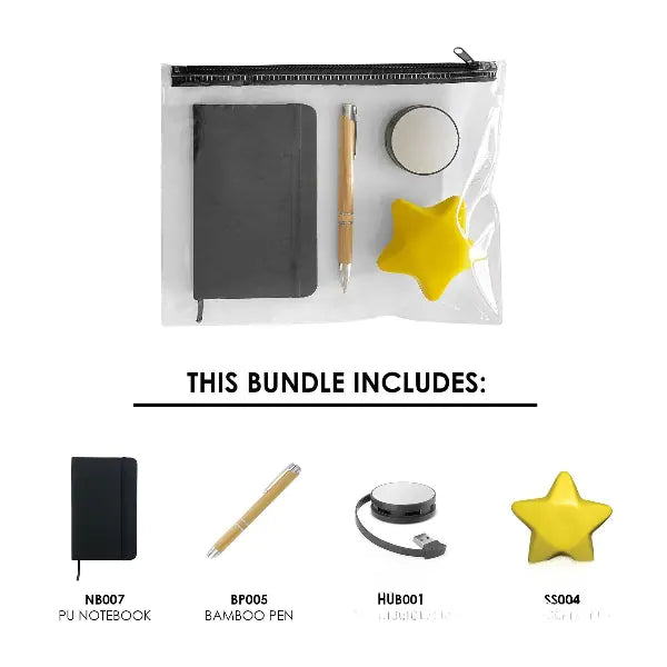 Office Supplies Set: Notebook, Bamboo Pen, PVC Bag
